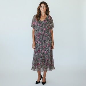 J.B.S. 16 W Floral Leopard Print dress Short sleeves, 51 inches long midi